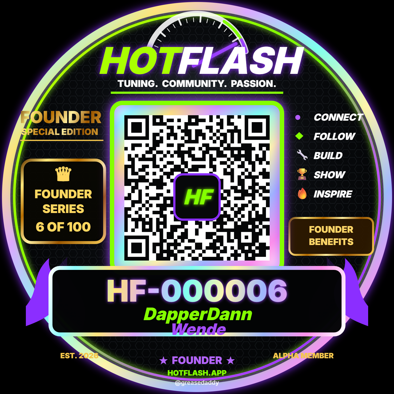 Actual round Hot Flash Founder FlashTag decal for HF-000006